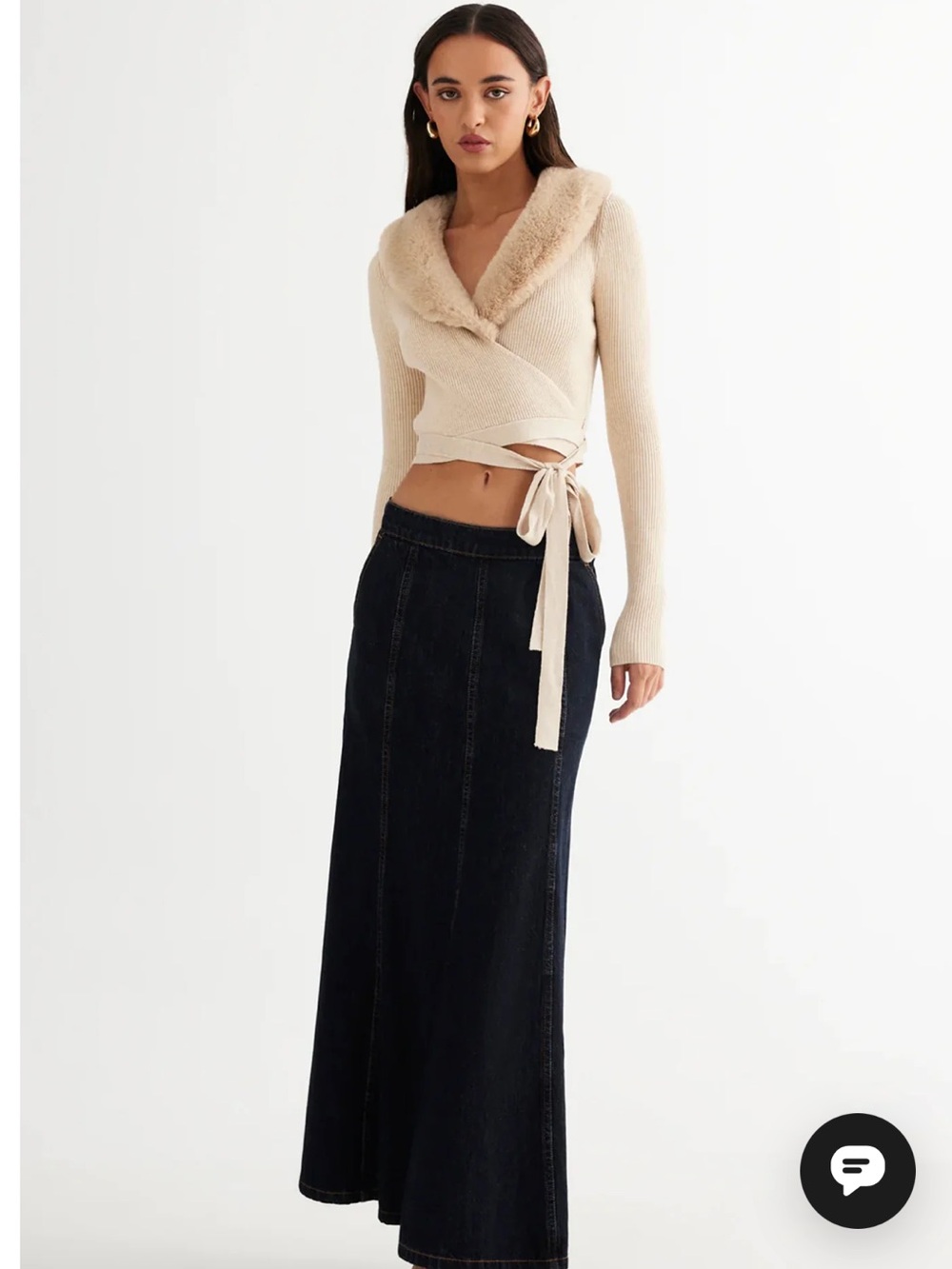 LIONESS Off Duty Faux Fur Trim Beige Crop Wrap Top, Small
